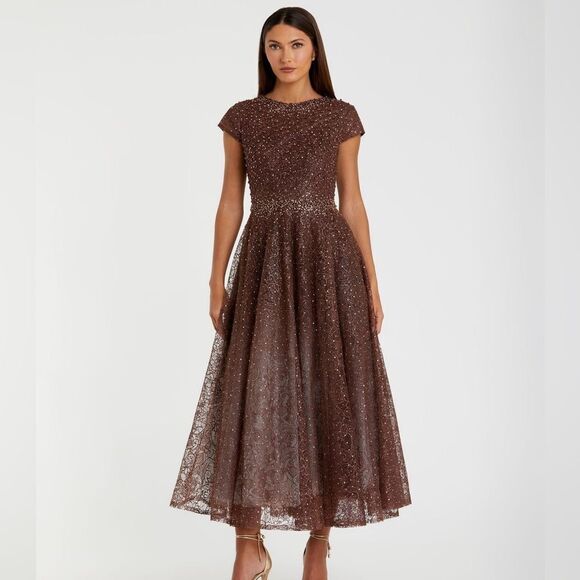 MAC DUGGAL 20371 Womens Brown Embellished Cap Sleeve A Line Dress - Picture 2 of 15